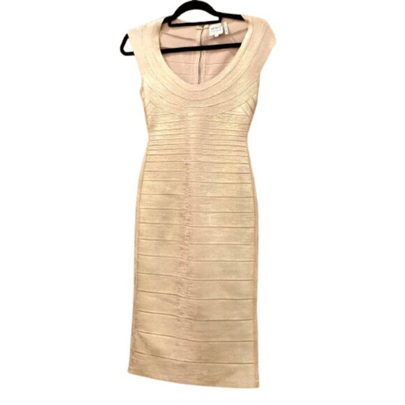 HERVE LEGER~MAIRA~Mini Foil Accent Scoop Neck Bandage Dress Metallic Pink Gold - Picture 2 of 8